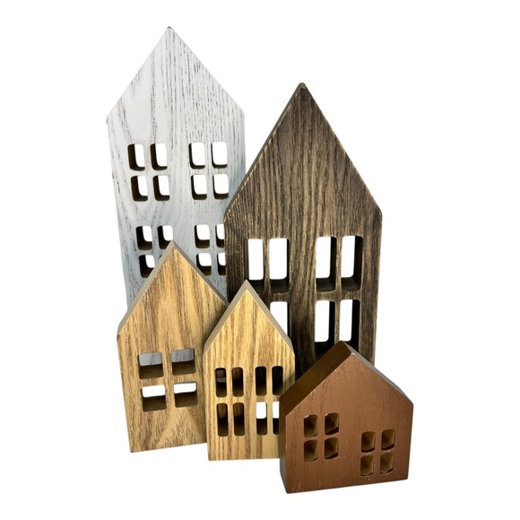 Wooden House Decor Set of 5 Tabletop Tiered Tray Village Display - Picture 1 of 4